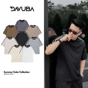 Áo thun kẻ sọc Waffle DAVUBA nam nữ cổ tròn tay ngắn SM068