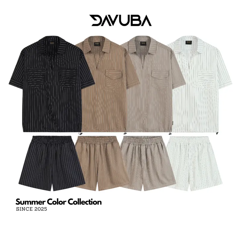 [DAVUBA] BỘ QUẦN ÁO CỔ V NAM KẺ SỌC 2 TÚI CỌC TAY SM142