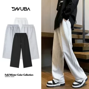 [DAVUBA] Quần Dài Nỉ 2 Da Phối Xếp Ly Nam Nữ Cạp Cao SM159