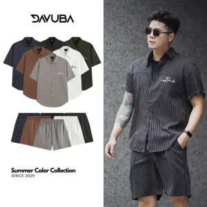 Bộ quần áo DAVUBA kẻ sọc cộc tay nam nữ logo thêu SM130