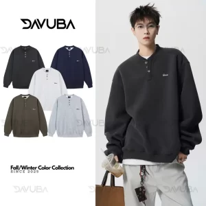 [DAVUBA] Áo Sweater cổ tròn 3 cúc form rộng nỉ 2 da nam nữ sm156